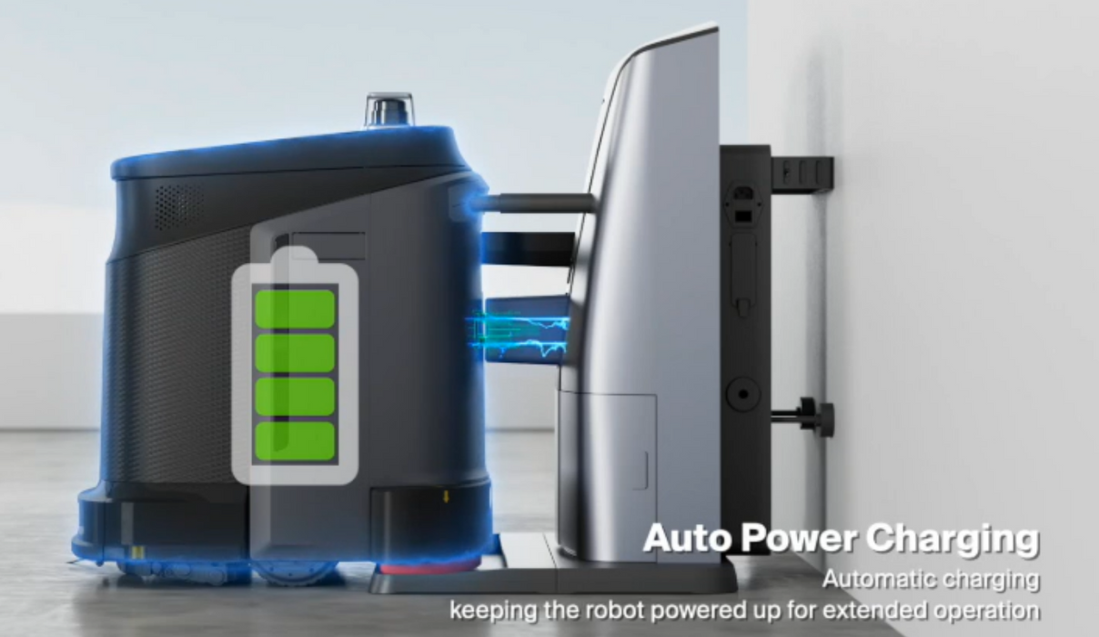 Gausium Phantas automatic power charging at its workstation